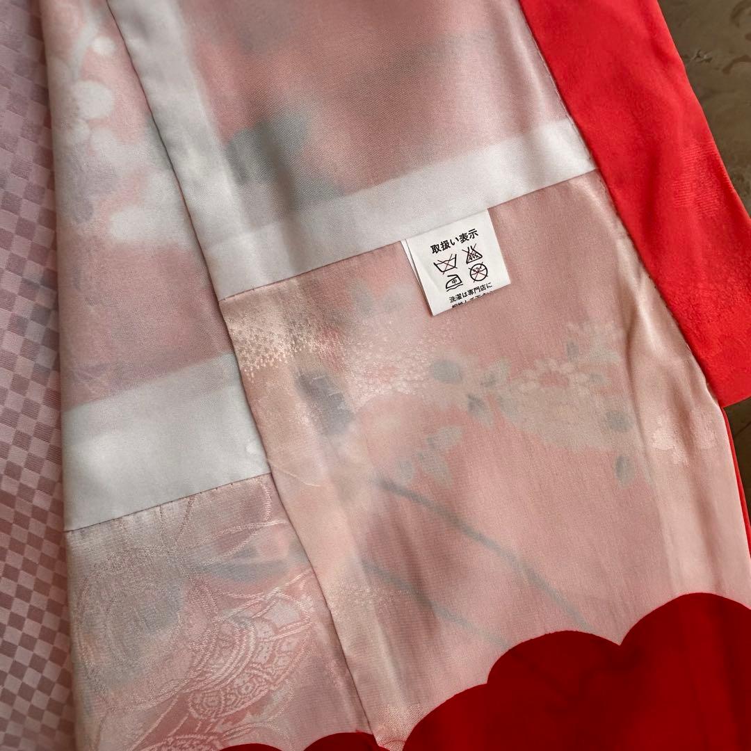 新品　正絹七五三用着物 ピンクと赤 花柄 身丈98cm お祝着物　日本製