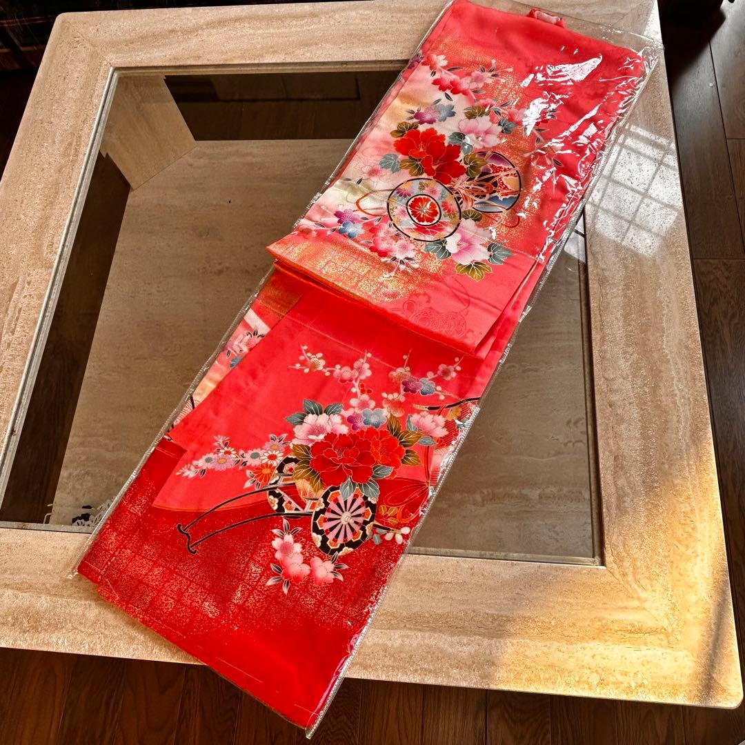 新品　正絹七五三用着物 ピンクと赤 花柄 身丈98cm お祝着物　日本製