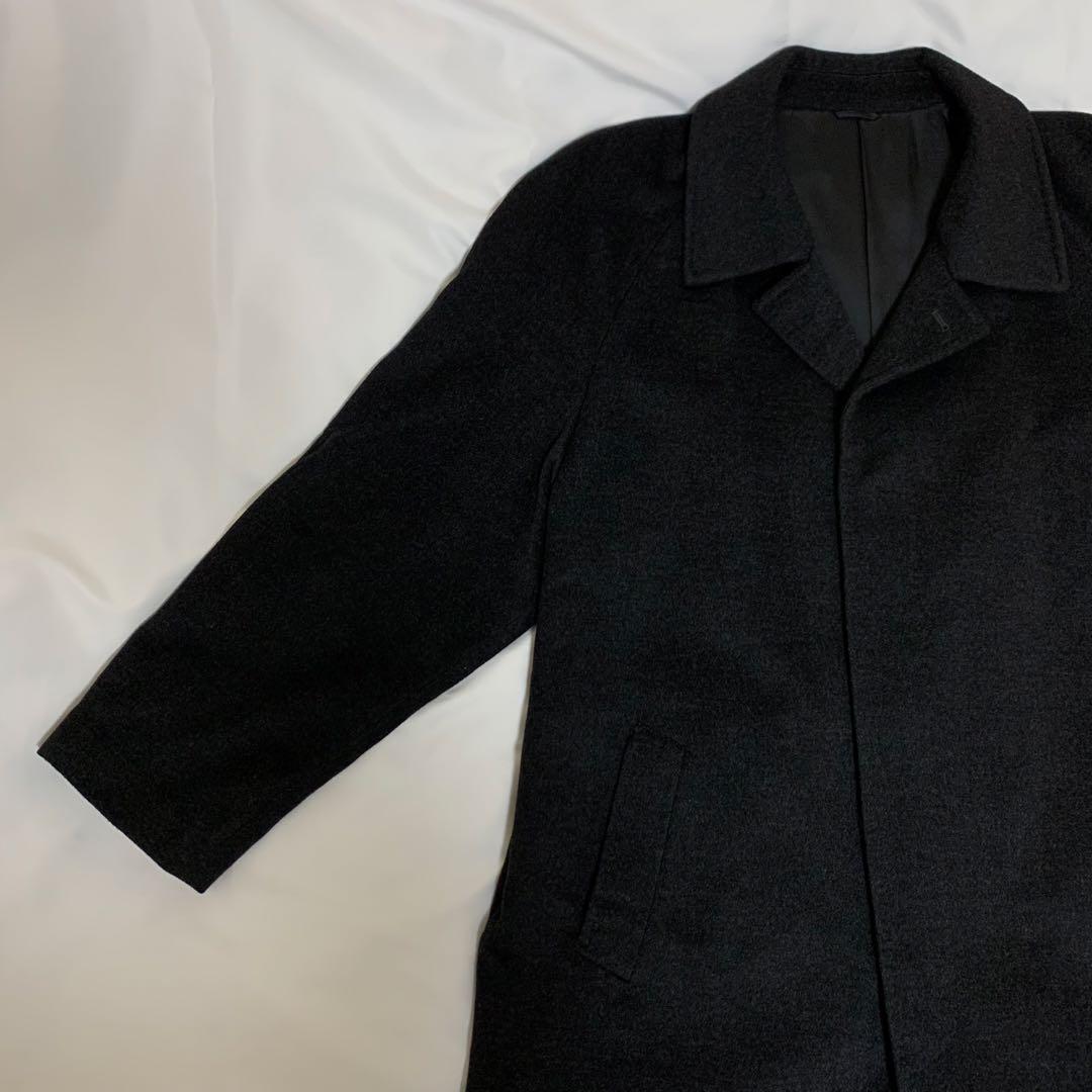 マキシ丈ステンカラーコート　ブラック　ウール生地+カシミヤ混　超ロング丈
