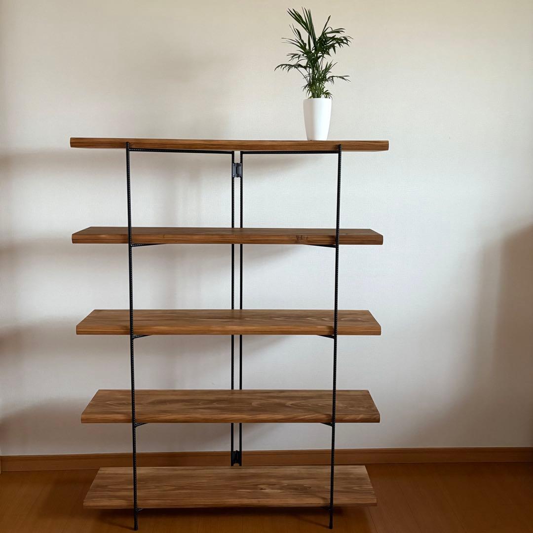 無垢板のオープンシェルフ　5段　折り畳みラック　什器　棚　アイアンラック　飾り棚