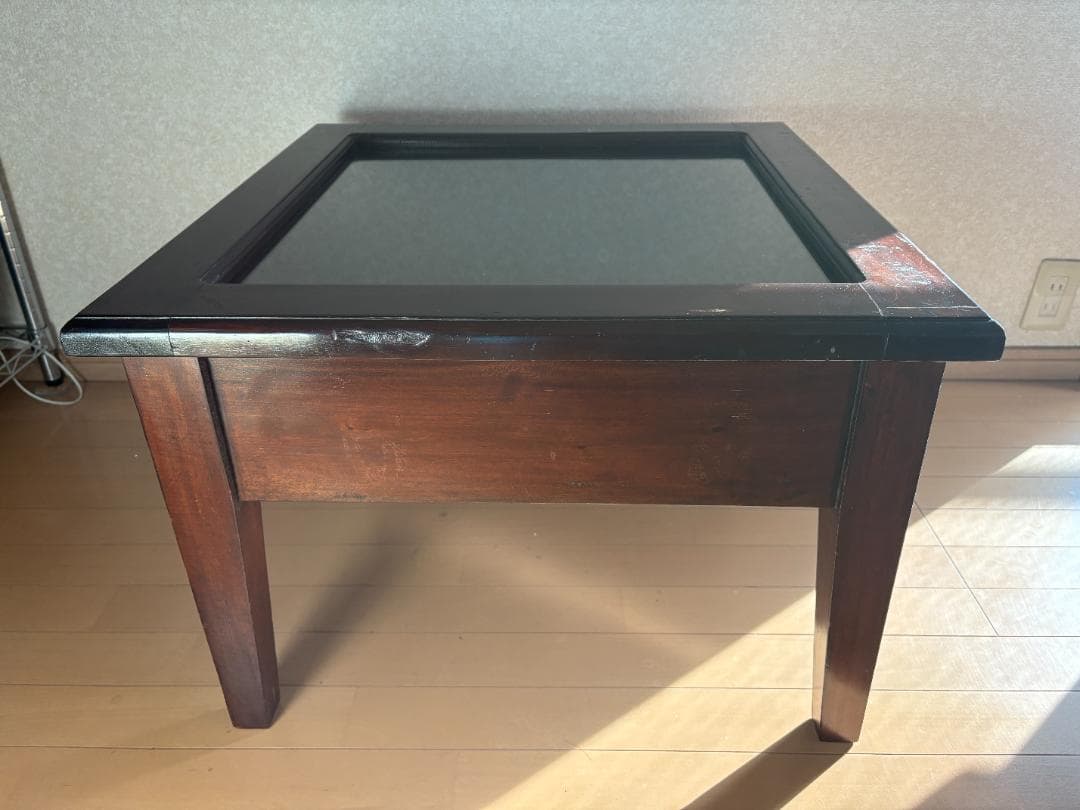 ローテーブル ダークブラウン 木製 正方形 ガラス天板 アジアンアンティーク