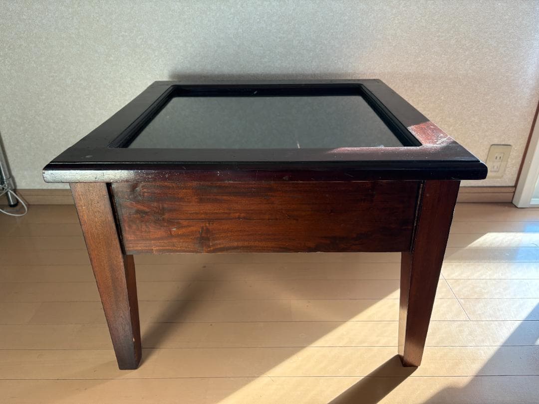 ローテーブル ダークブラウン 木製 正方形 ガラス天板 アジアンアンティーク