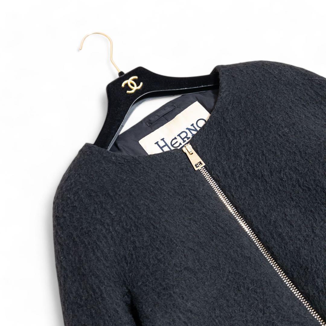 HERNO ノーカラーダウンコートモヘヤ シャギー 異素材 黒 40