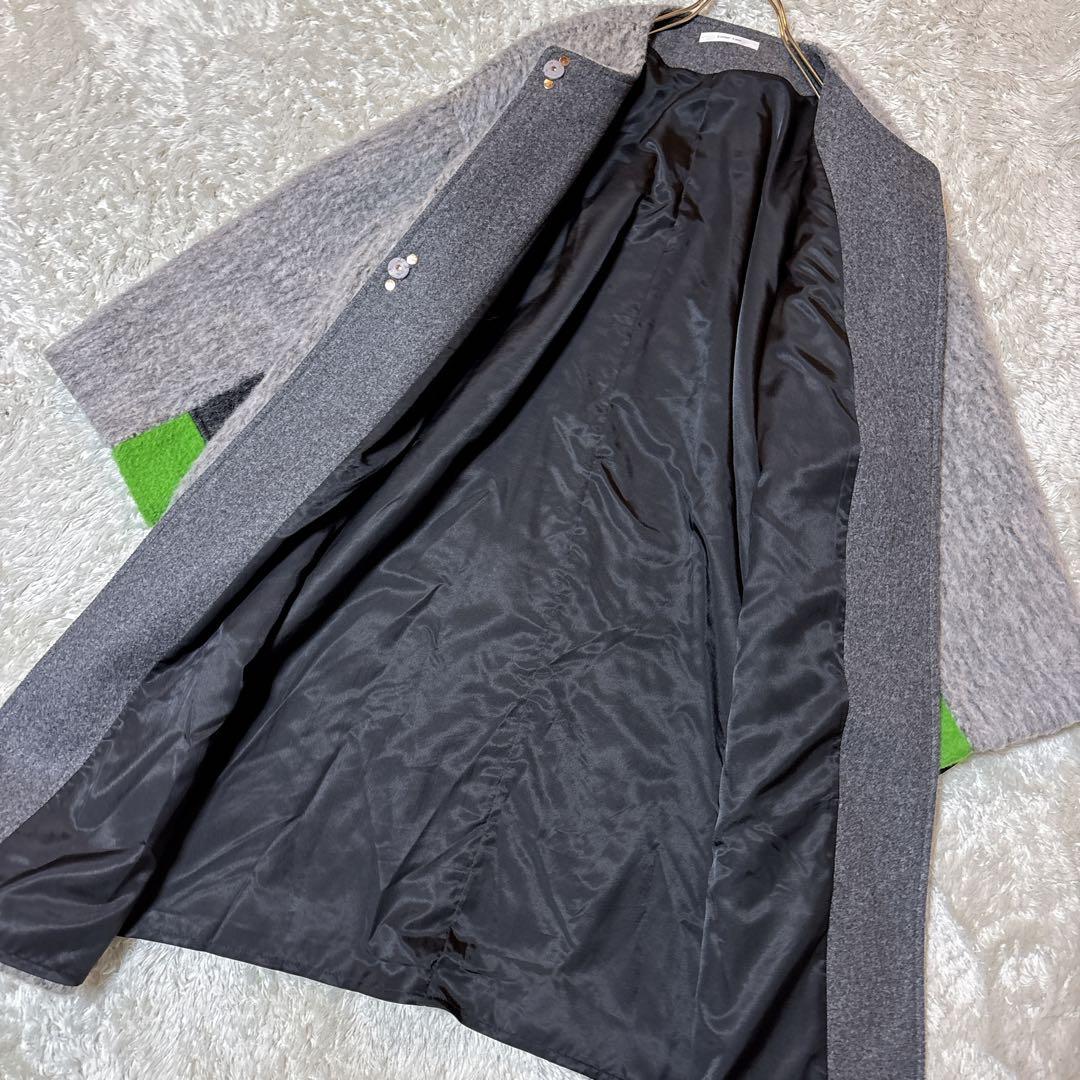 美品＊Eimee Law マーブルシャギーロングコート　ノーカラー　グレー