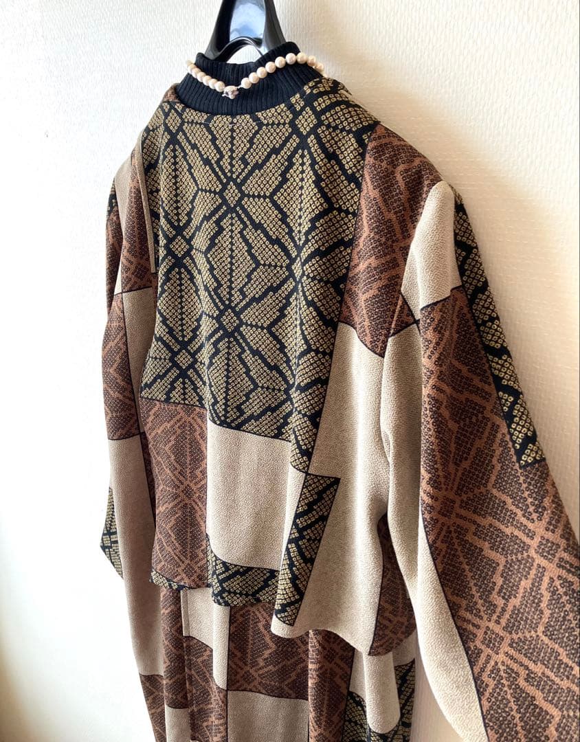 詩仙堂 ちりめんアシメントリーロングコート絞り柄 麻の葉紋様 前開きワンピース