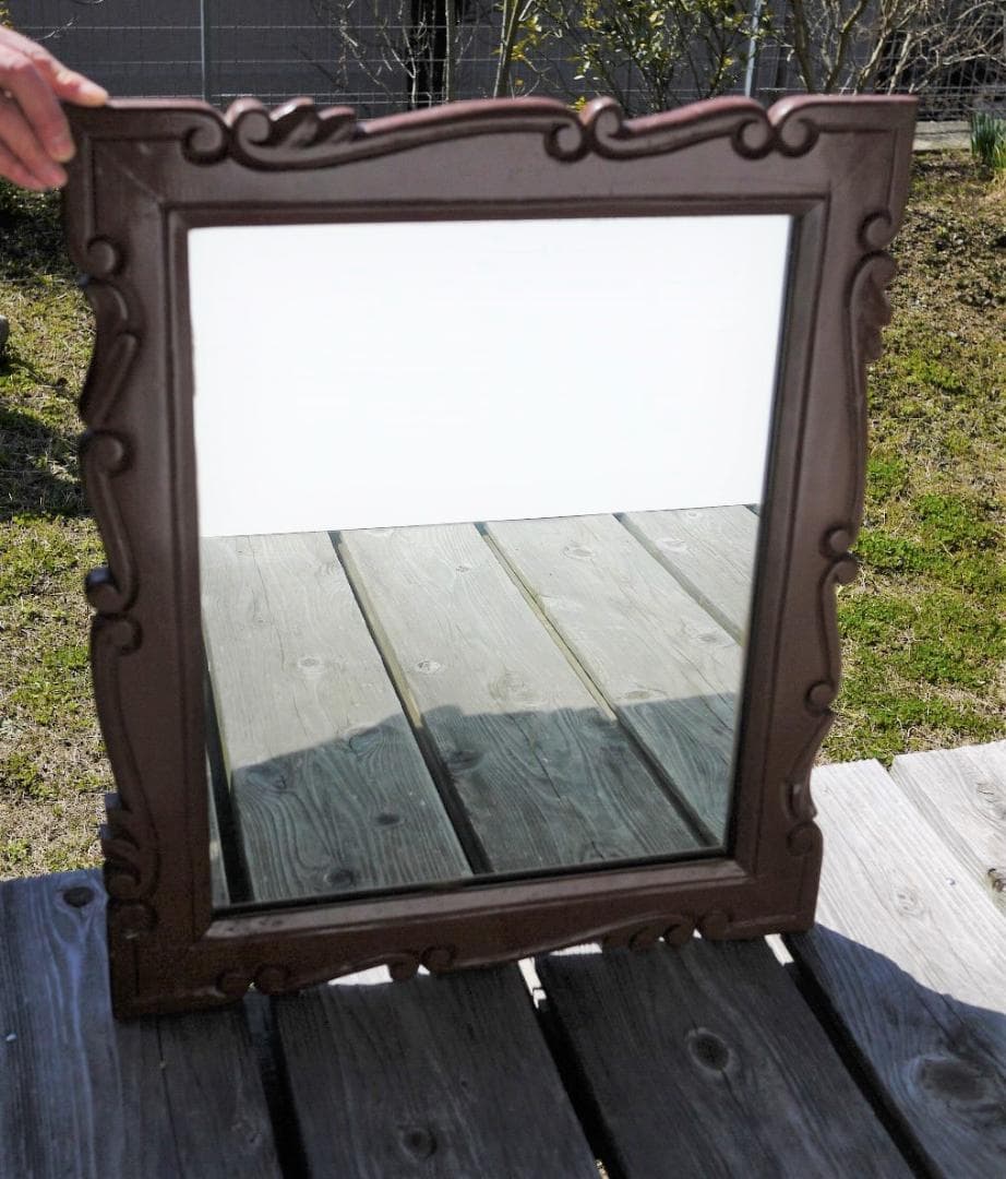 木彫り壁掛け鏡 レリーフウォールミラー 唐木ローズウッド 昭和家具