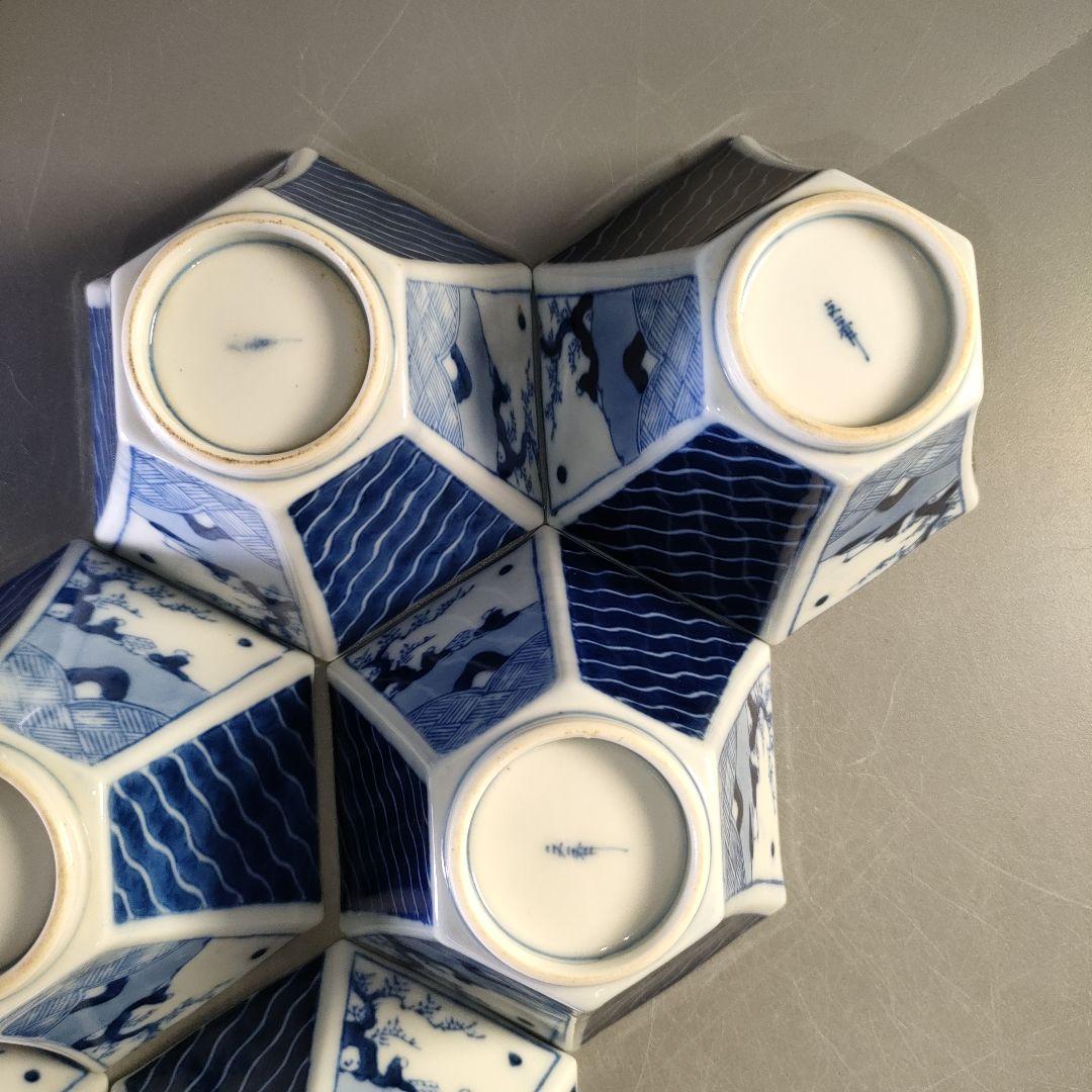 A1283-2/在銘/古伊万里波紋人物図六角小鉢15客/銘々皿/飾鉢/懐石道具/