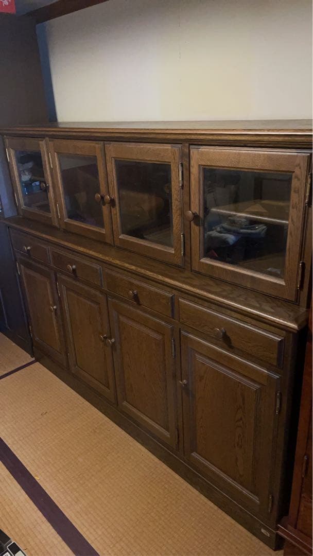 木製キャビネット ダークブラウン 4扉ガラス扉4 引き出し4