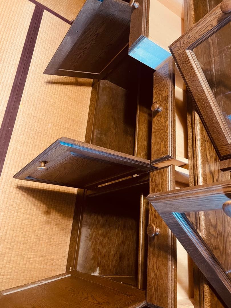 木製キャビネット ダークブラウン 4扉ガラス扉4 引き出し4