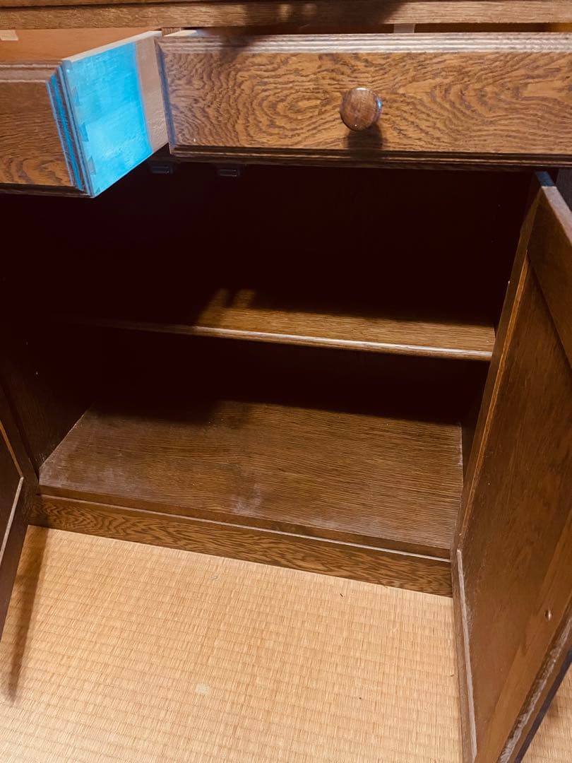 木製キャビネット ダークブラウン 4扉ガラス扉4 引き出し4