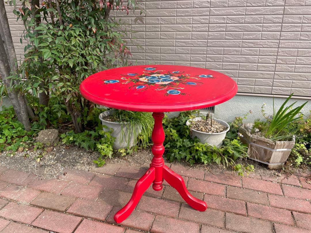 赤　花柄円形サイドテーブル　ヴィンテージ　昭和レトロ　トールペイント　机