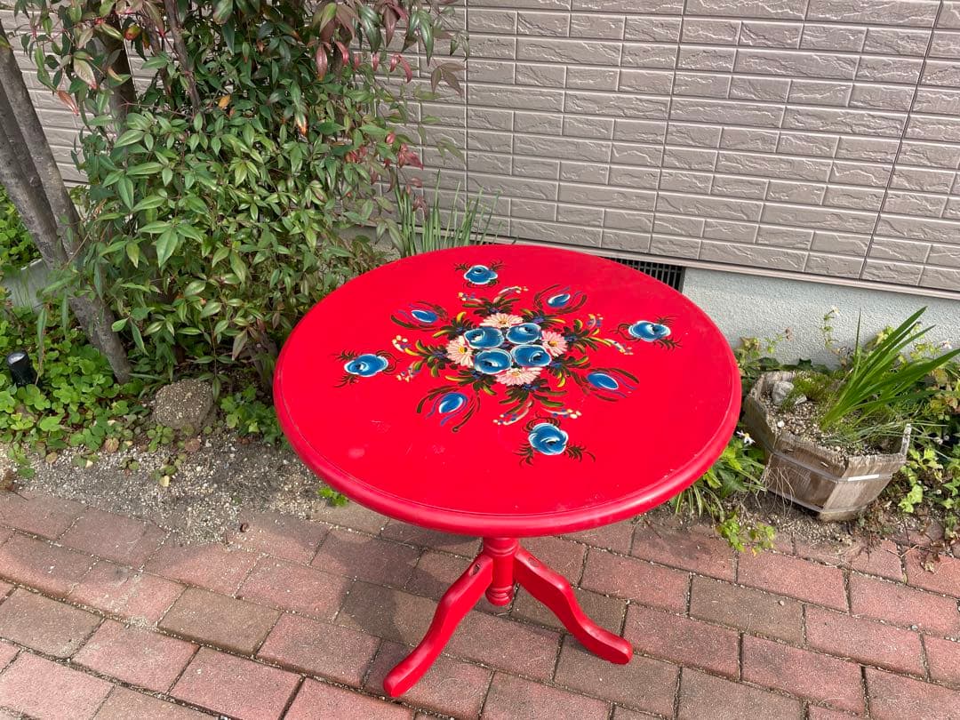 赤　花柄円形サイドテーブル　ヴィンテージ　昭和レトロ　トールペイント　机