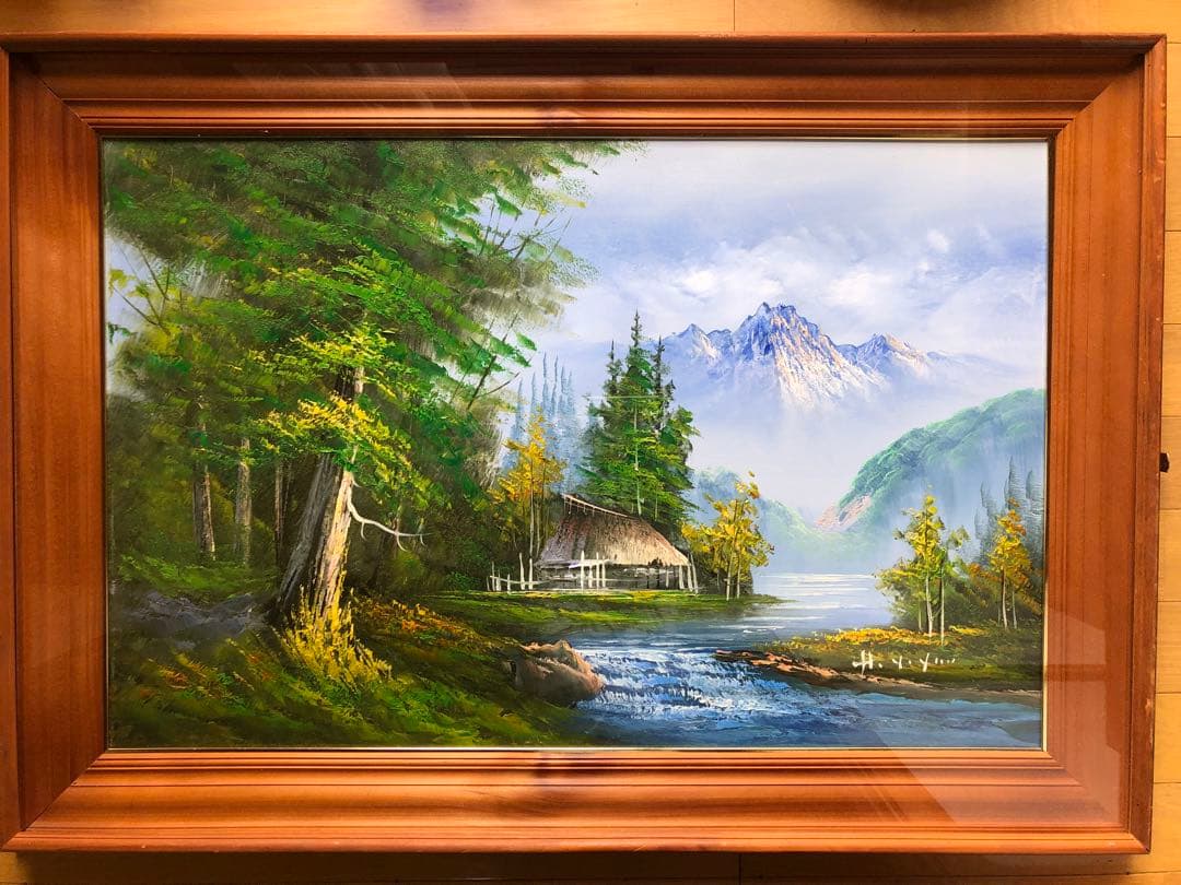 風景画 油絵 山と川の風景 木製フレーム付き