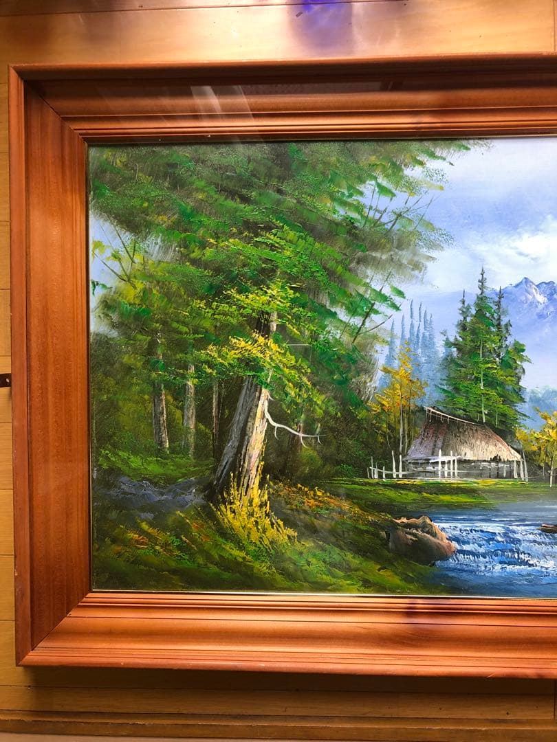 風景画 油絵 山と川の風景 木製フレーム付き