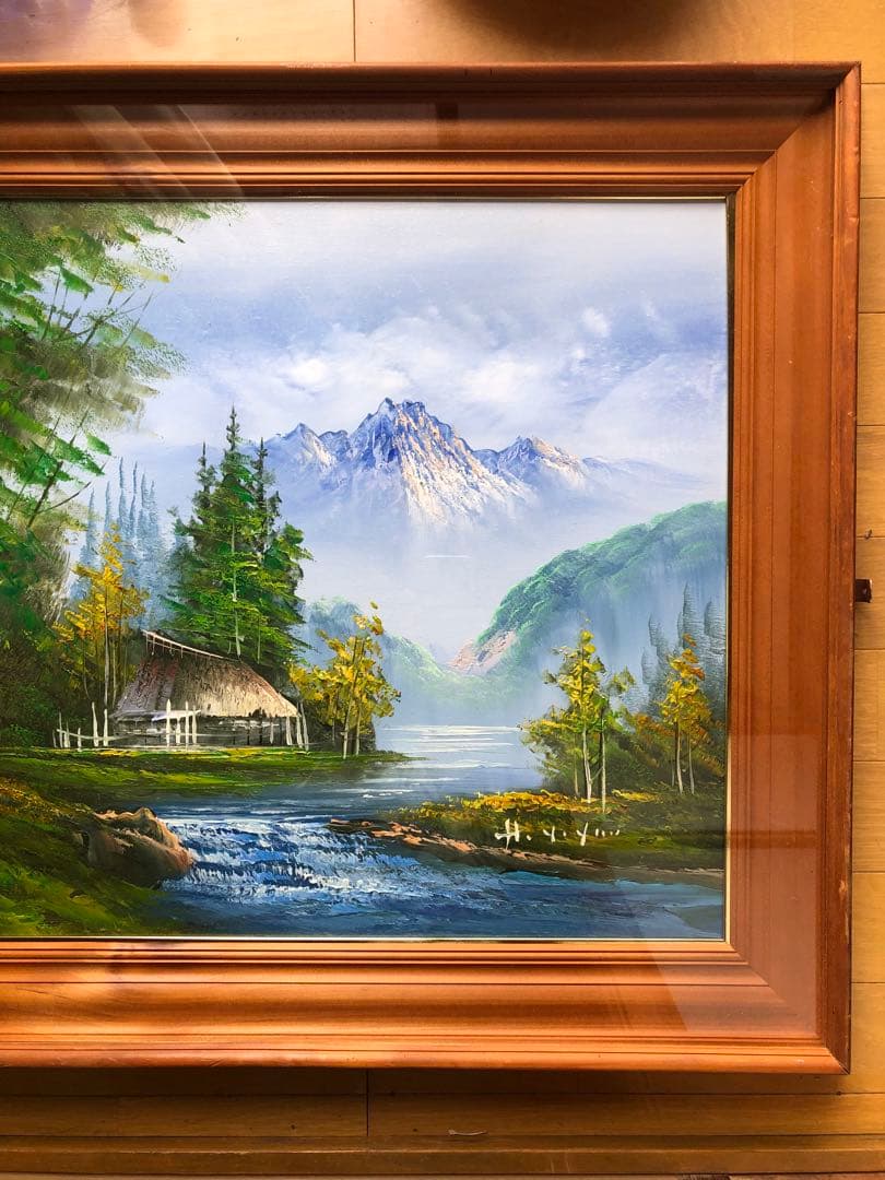 風景画 油絵 山と川の風景 木製フレーム付き