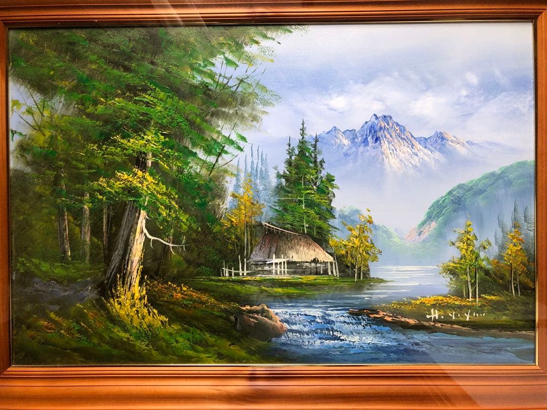 風景画 油絵 山と川の風景 木製フレーム付き