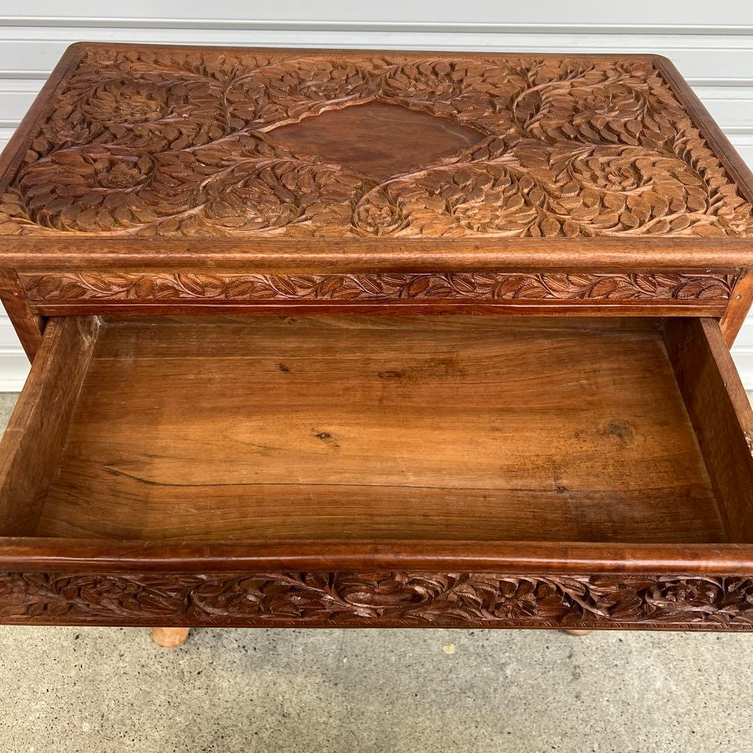 高級 アジアアン アンティーク 彫刻入り木製 引き出し付き