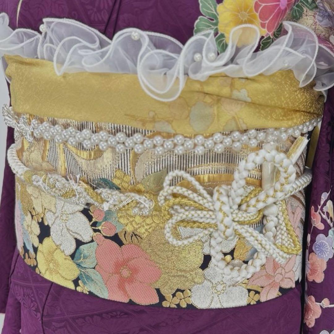 振袖フルセット　丸昌　地紋　金彩　金駒刺繍　成人式　白レースつけ袖付　正絹