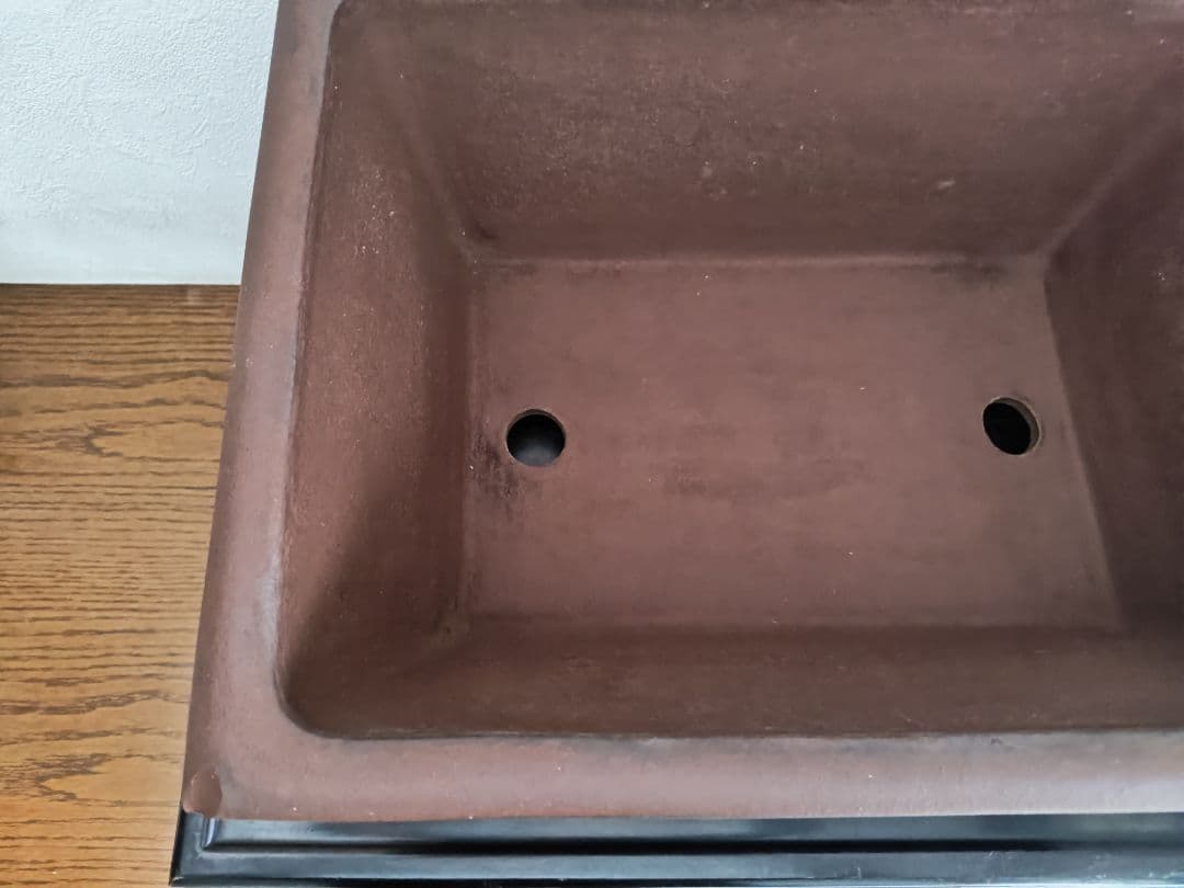 茶色の陶器製長方形盆栽鉢 太山　落款あり　希少　大型