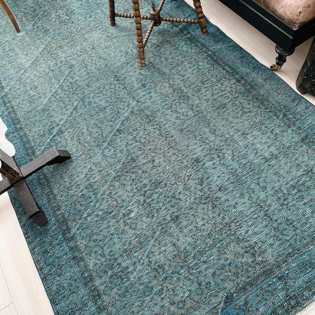 【訳アリ】トルコ ヴィンテージラグA114超大判 ターコイズブルー オーバーダイ