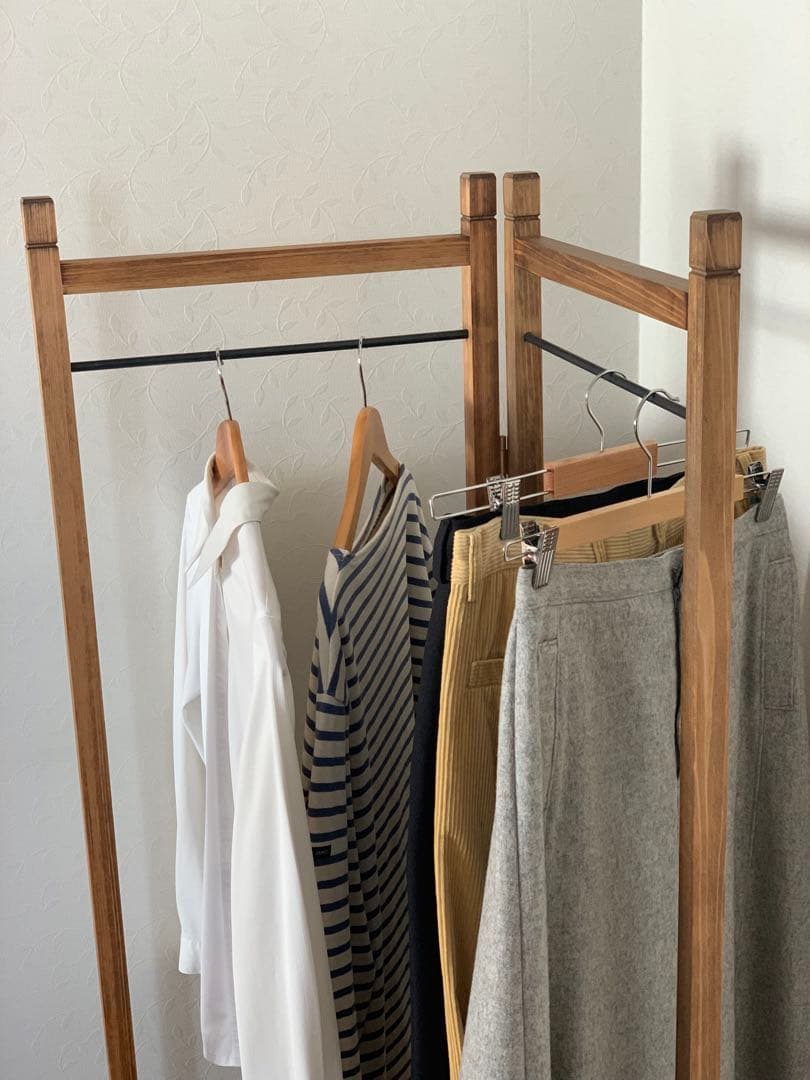 【無垢ひのき材】木とアイアンのスリムハンガーラック