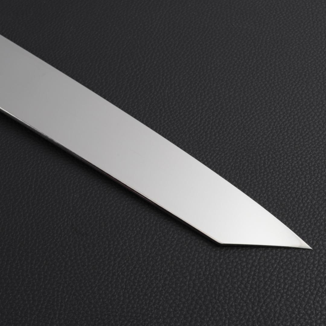 8777切付柳刃包丁 9寸 高光沢度鏡面仕上げ 刺身包丁 人工象牙黒三本巻八角柄