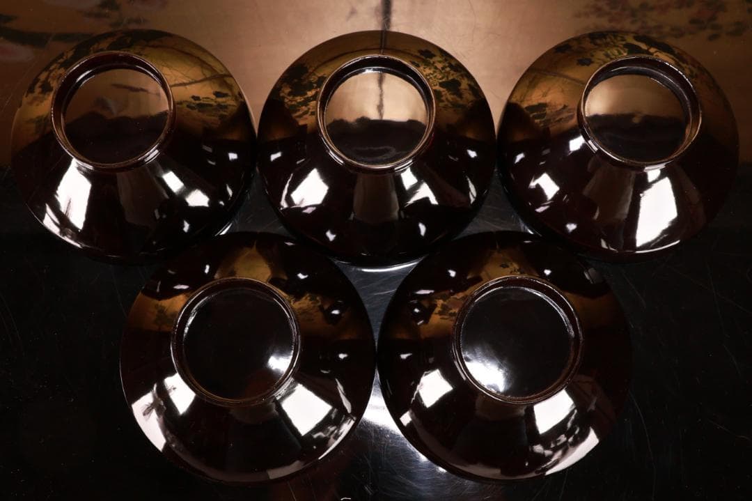 コーヒーじいさん専用　BJ021 時代輪島塗　波に雲上富士図金蒔絵　吸物椀　五客