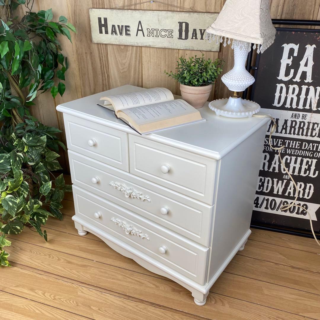 フレンチカントリー北欧調ホワイトチェスト三段四つ引き木製洋タンス収納家具飾り台
