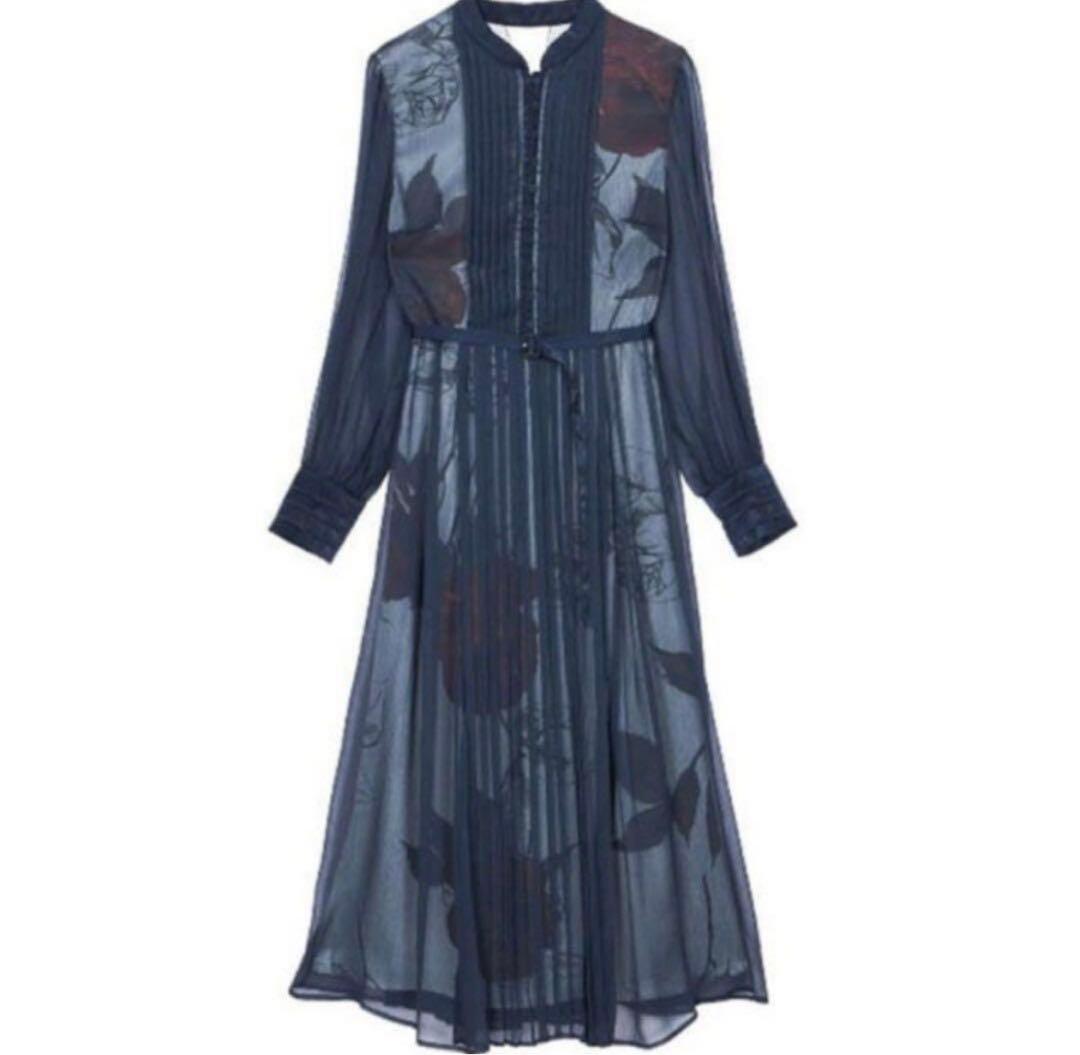Ameri VINTAGE ELLA VEIL DRESSネイビーM 花柄ロング