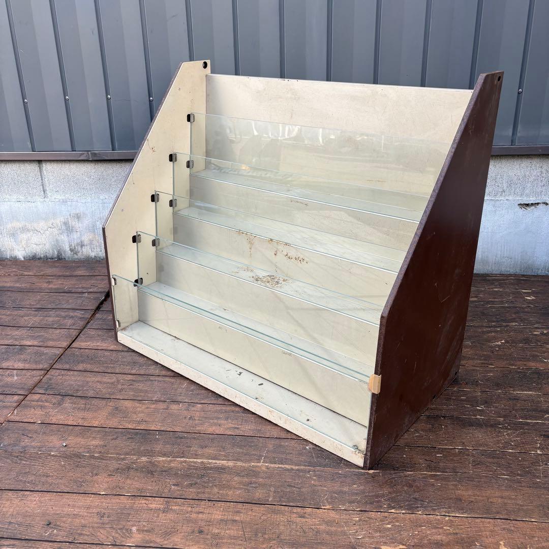 昭和レトロ スチール製 ガラス仕切り 階段型本棚 店舗什器 ショーケース 5段