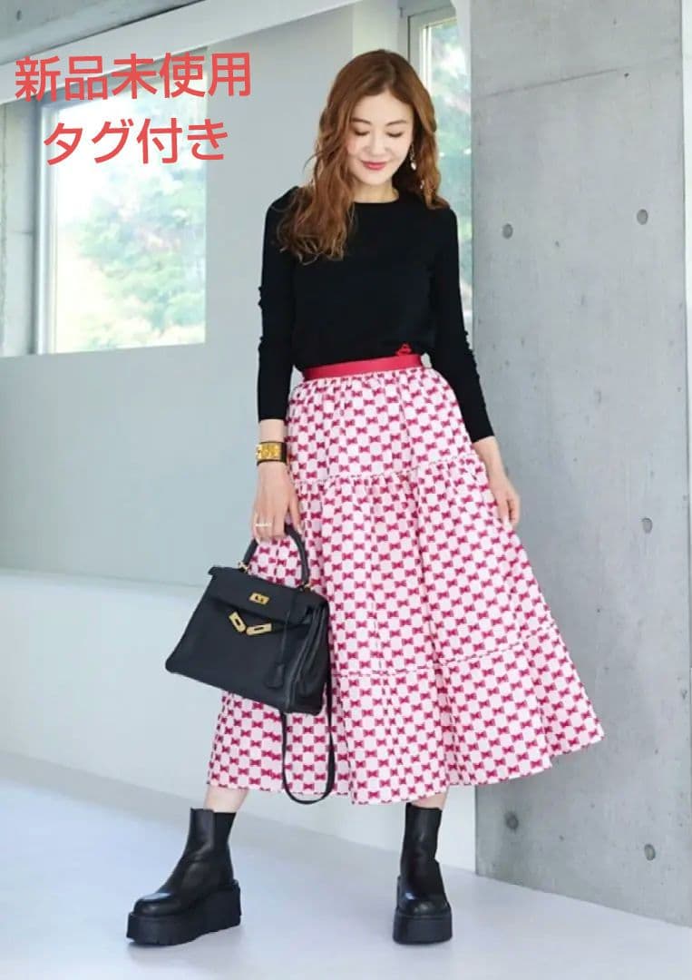 新品　OBLI リボンジャガードスカート/ピンク