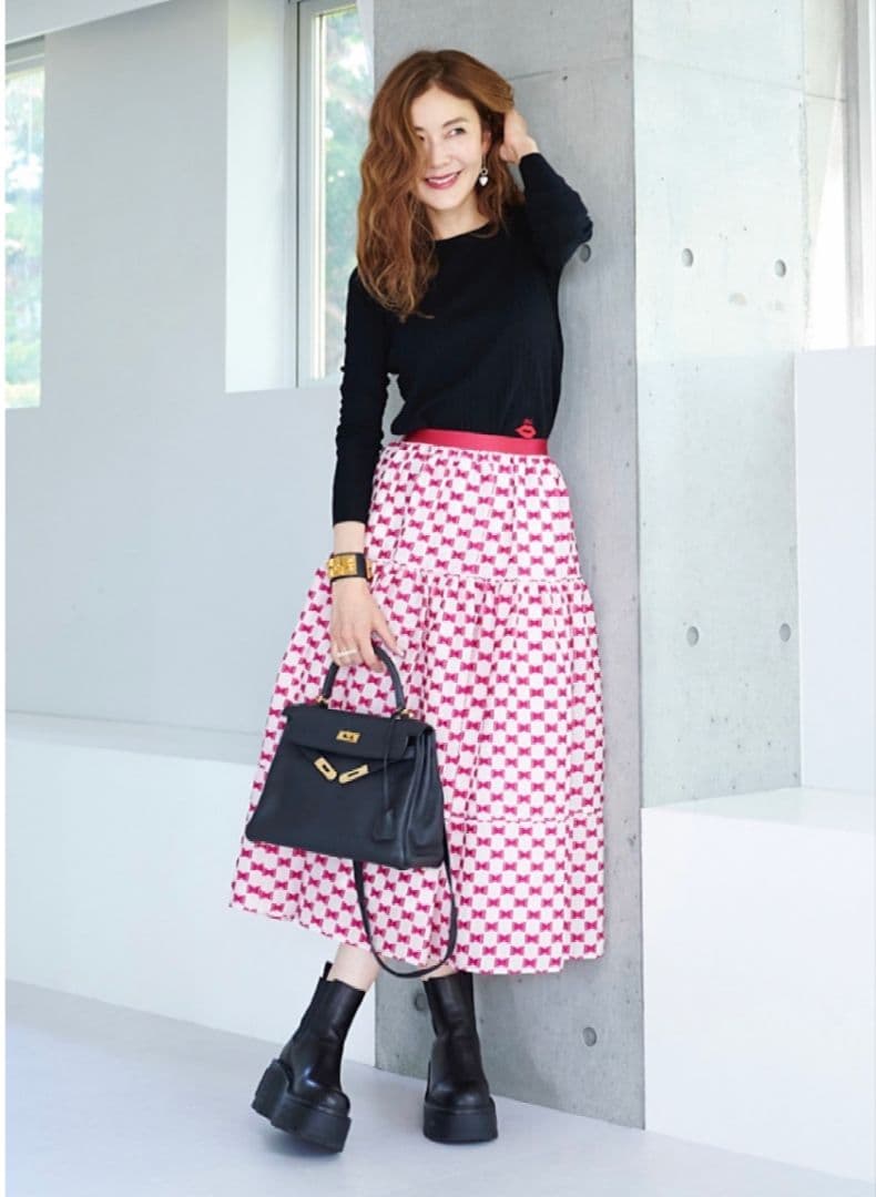 新品　OBLI リボンジャガードスカート/ピンク