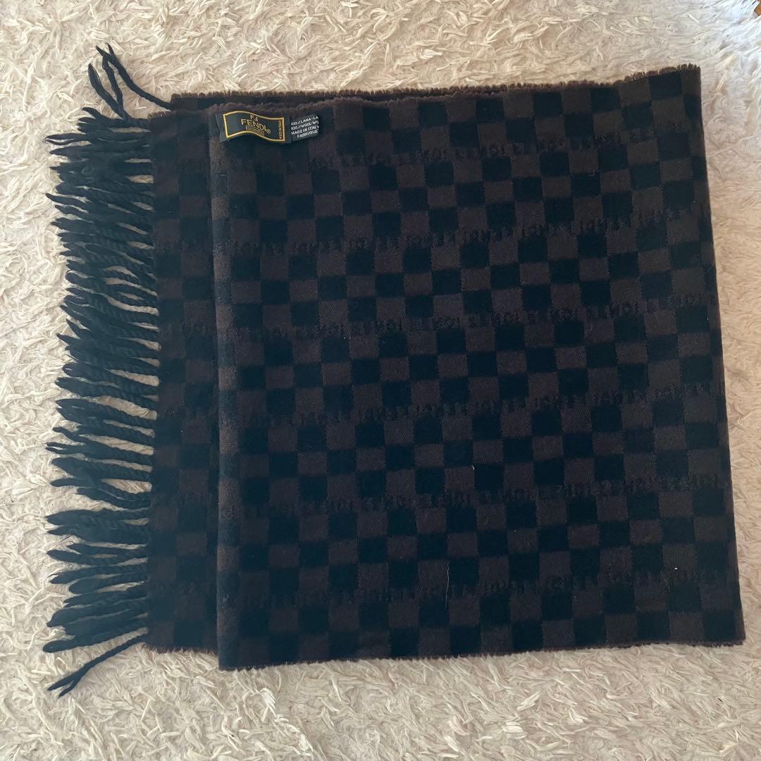 FENDI ダークブラウン チェック柄 マフラー
