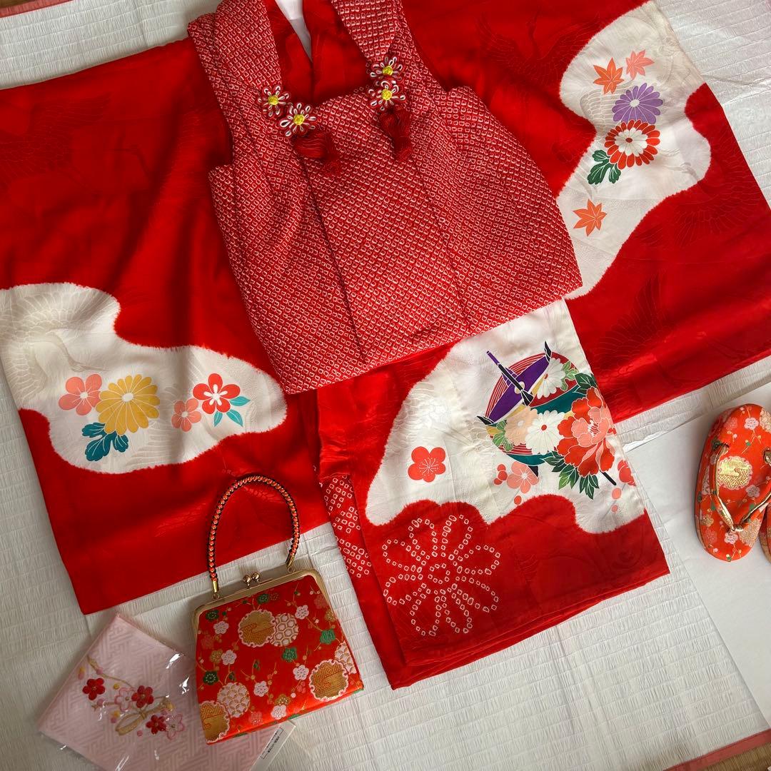 七五三 3歳 総絞り 被布 着物 絹 三歳 赤 草履 753 バッグ 花 レトロ