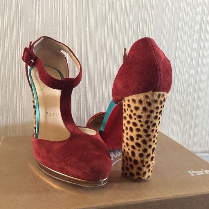 クリスチャンルブタン パンプス ハイヒール 37 チャンキーヒール ヒョウ柄