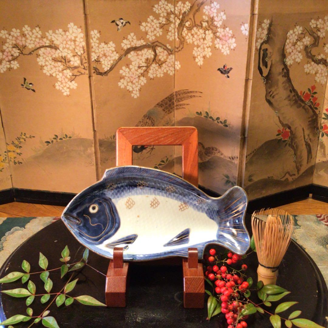 A 378 古伊万里　元禄　染付　金彩　鯛皿　変形魚型皿　1客