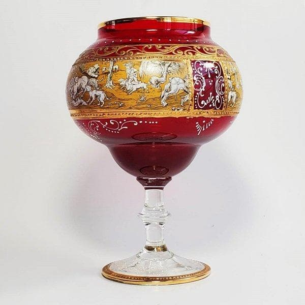 ボヘミアン ガラス 　ルビー　エナメル 　金盛　金箔 狩猟シーン 足付きボウル