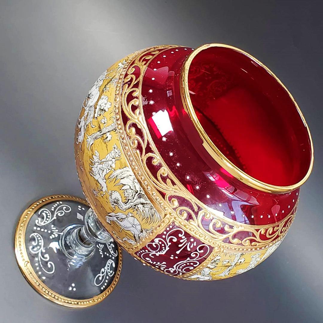 ボヘミアン ガラス 　ルビー　エナメル 　金盛　金箔 狩猟シーン 足付きボウル