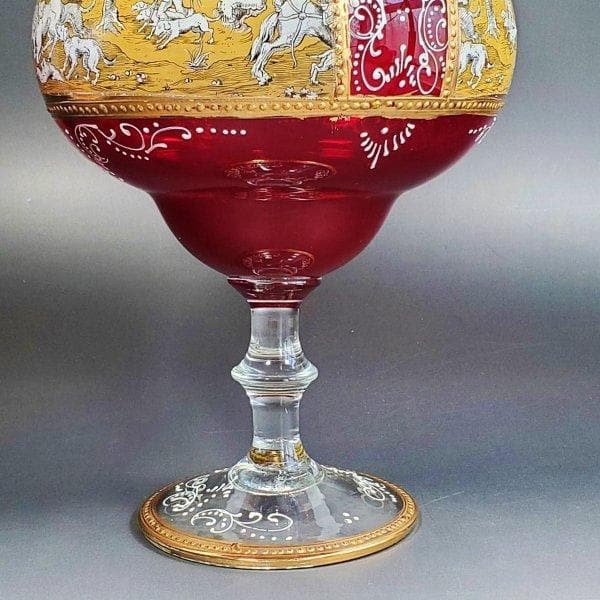 ボヘミアン ガラス 　ルビー　エナメル 　金盛　金箔 狩猟シーン 足付きボウル