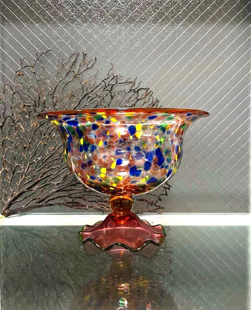 骨董　時代ガラス　希少　金赤吹雪紋　フリル 脚付　大型　コンポート　盃洗