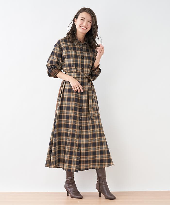 レリアン　チェック　ロングシャツ　ワンピース