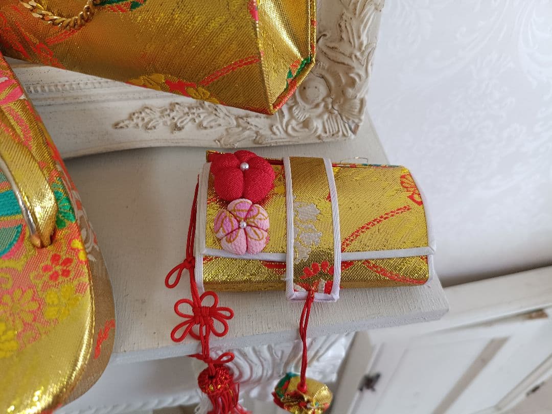 アンティーククリーム色に梅の花の着物と作り帯☆七五三フルセット