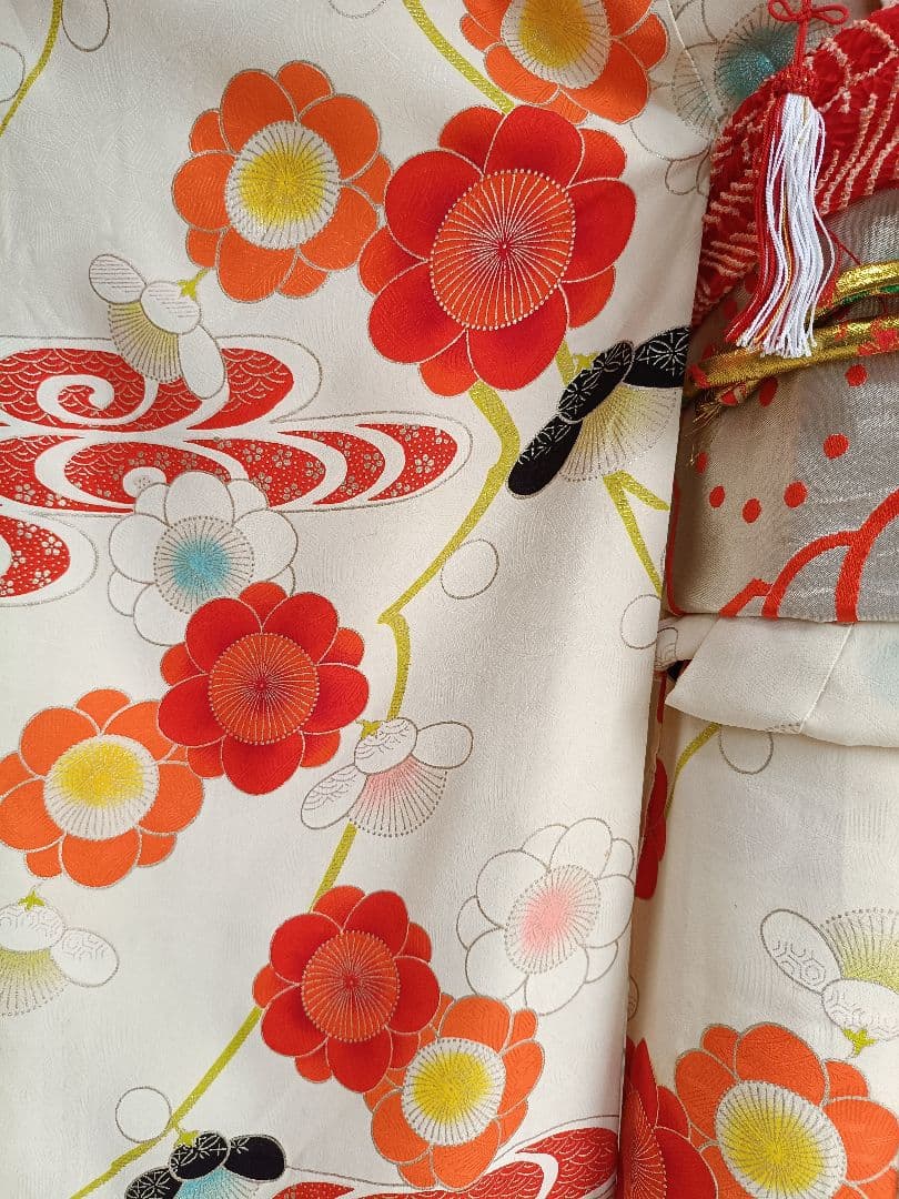 アンティーククリーム色に梅の花の着物と作り帯☆七五三フルセット