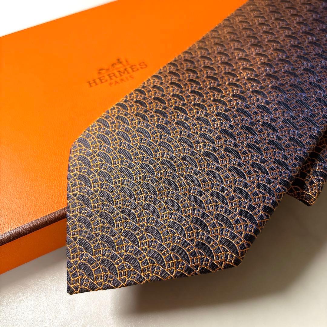 未使用 箱付き エルメス ネクタイ H柄 ファソネ オレンジ 黒 ジャガード