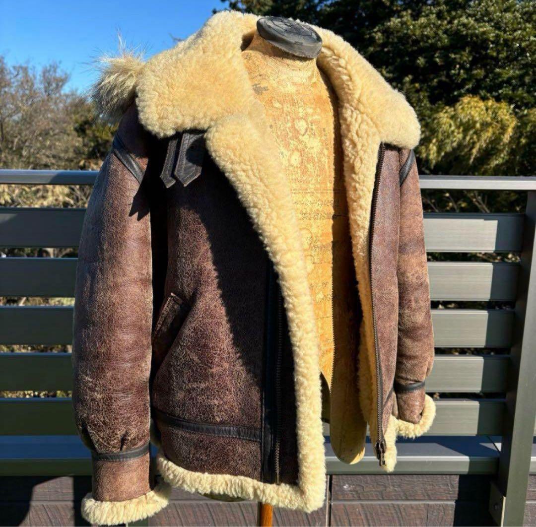 M 希少 フード付 茶 B-3 ムートン レザー フライト ジャケット 革ジャン