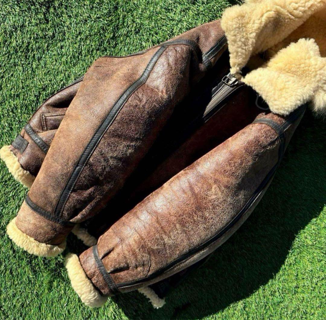 M 希少 フード付 茶 B-3 ムートン レザー フライト ジャケット 革ジャン