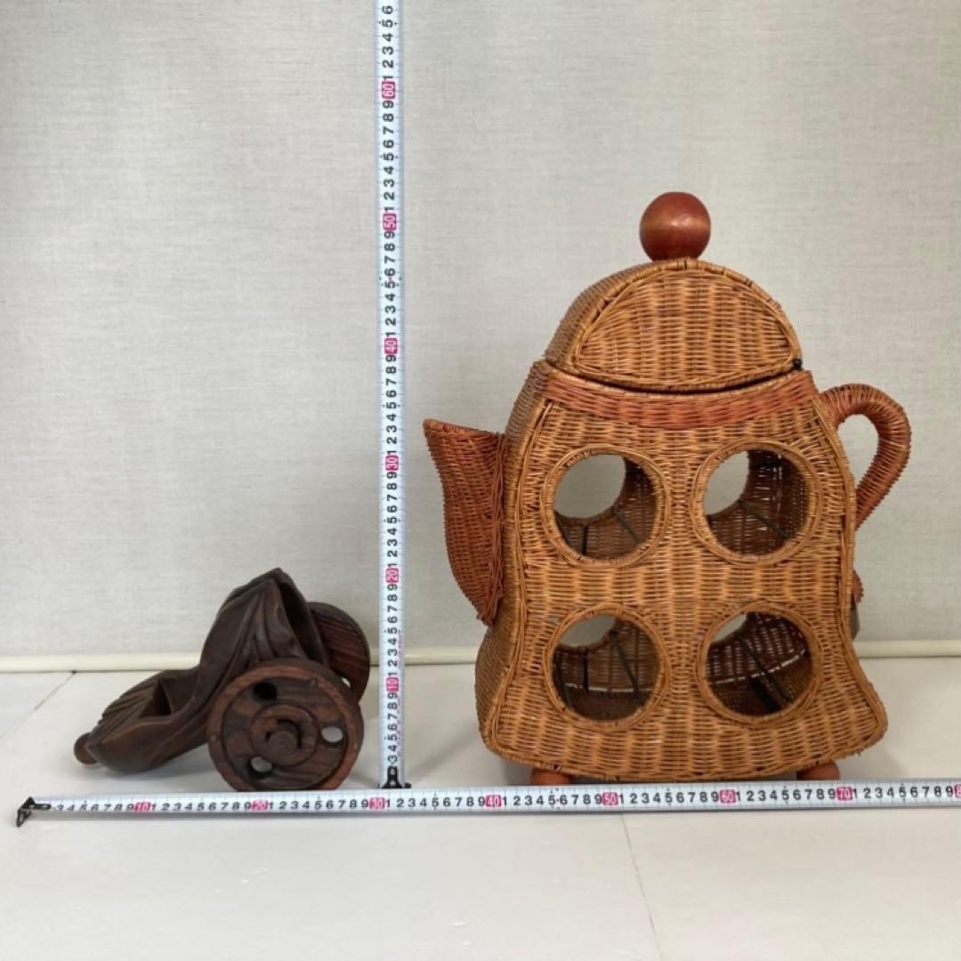 ワイン ボトル ホルダー ラック 籠 ポット 台 収納 籐 ラタン 木製 レトロ