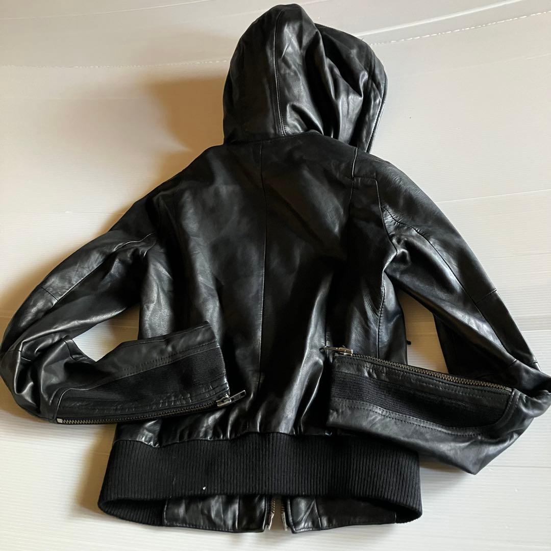 00s archive MOUSSY フード羊革レザーライダースジャケット黒2
