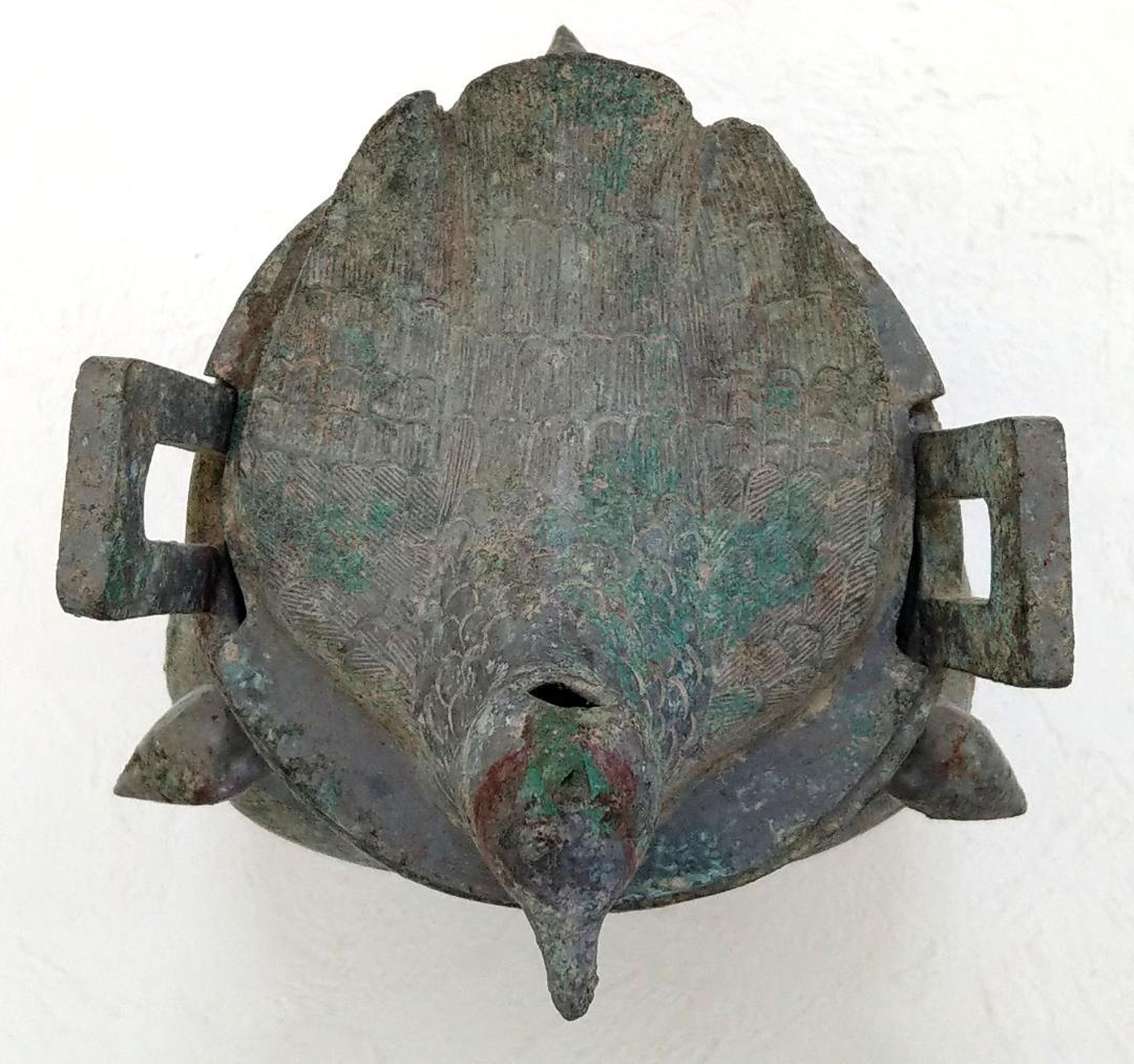 中国 西周青銅器 彫刻 三足 蓋付き 鳥装飾 酒器 高さ21.5cm