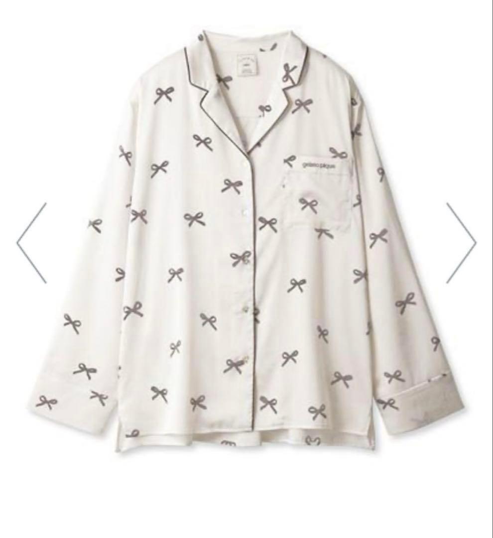 ジェラートピケ リボン柄サテンシャツ　ロングパンツ　セットアップ